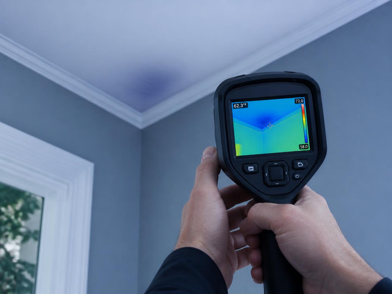 Thermal imaging camera identifying a cool area on a ceiling during a moisture inspection